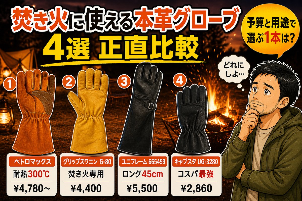 焚き火に使える本革グローブ4選 - ペトロマックス アラミドプロ300 / グリップスワニー G-80 / ユニフレーム 665459 / キャプテンスタッグ UG-3280