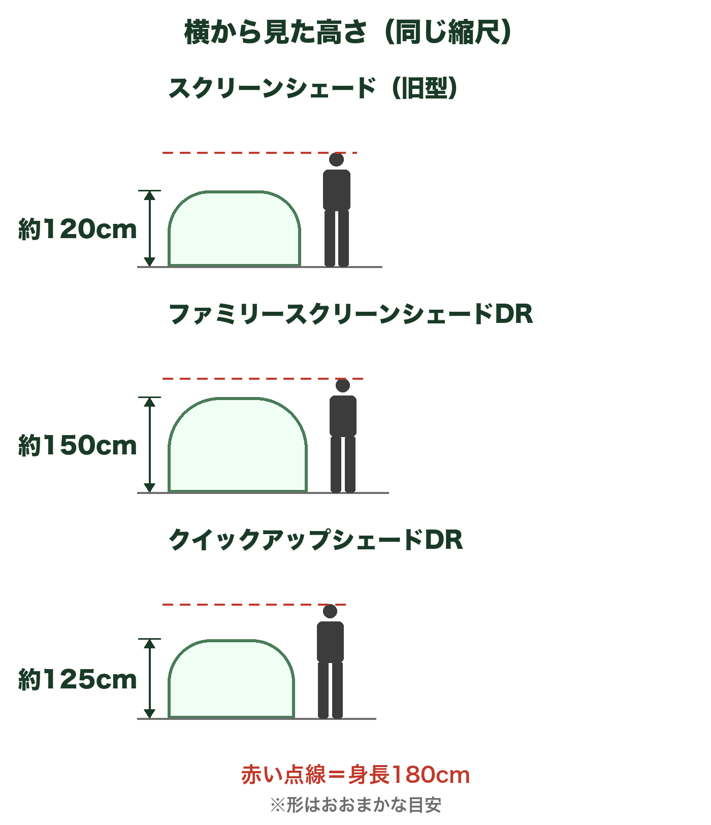 3つのシェードを横から見た高さの比較図。約120cm・約150cm・約125cm。身長180cmの人を並べた