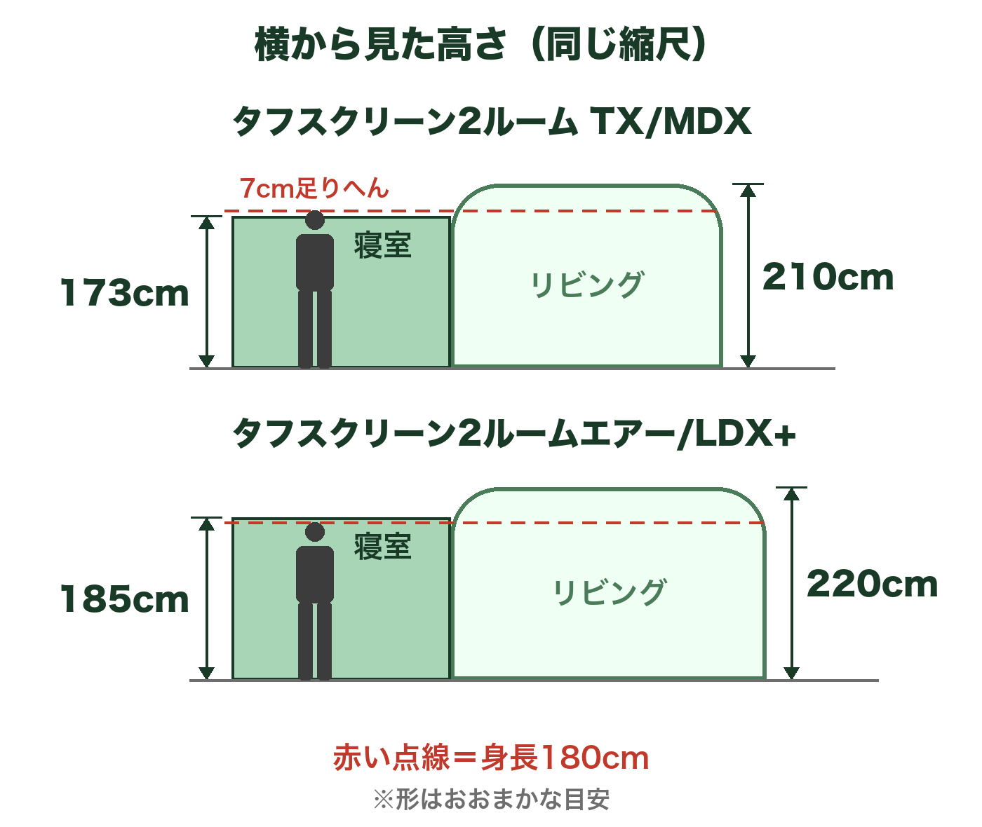 タフスクリーン2ルーム TX/MDXとLDX+を横から見た高さの比較図。寝室の高さは173cmと185cm、リビングは210cmと220cm。身長180cmの人を並べた