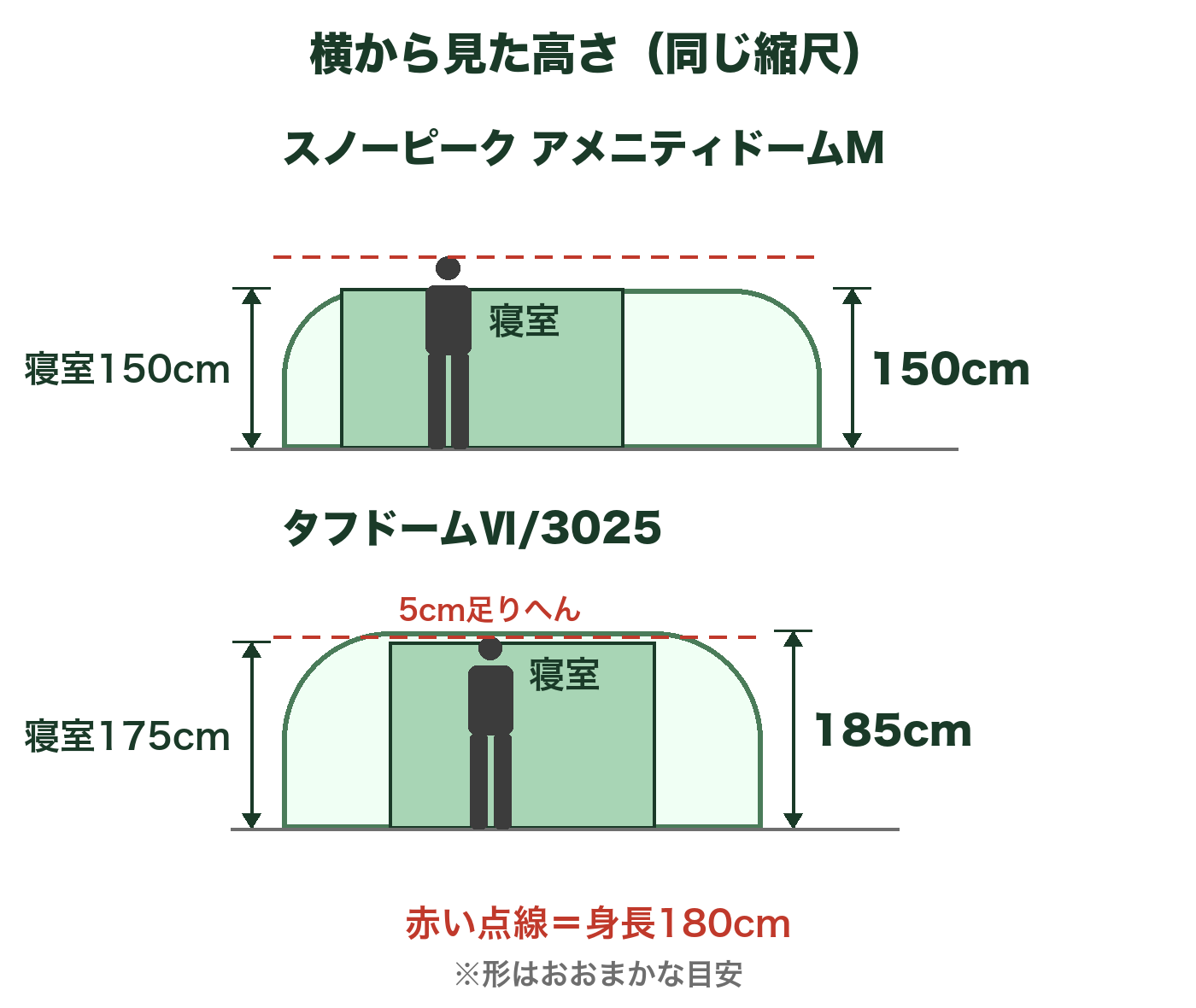 アメニティドームMとタフドームⅥ/3025を横から見た高さの比較図。寝室の高さは150cmと175cm。身長180cmの人を並べた